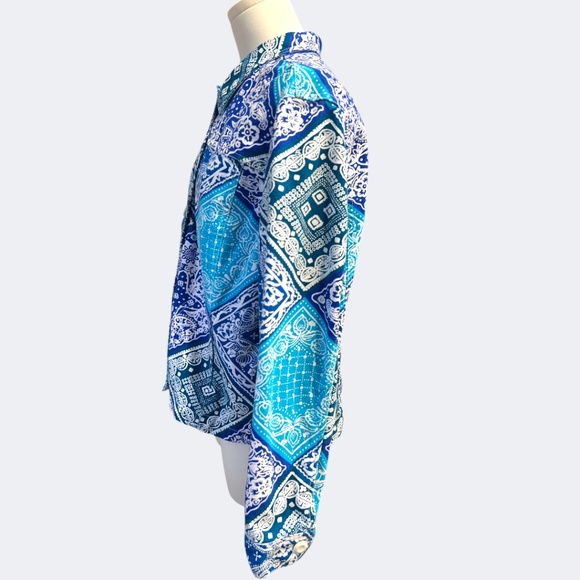 Coldwater Creek Shacket Jacket L Blue Teal Bandana Paisley Button Front Cotton - Picture 2 of 10